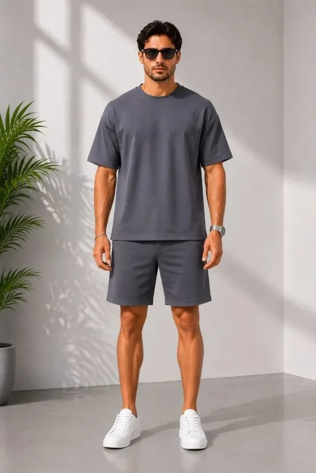 Ανδρικό Καπνιστό Oversize Σετ με Τσέπες Μαλακό Μοντάλ Μπλουζάκι και Σορτς 4