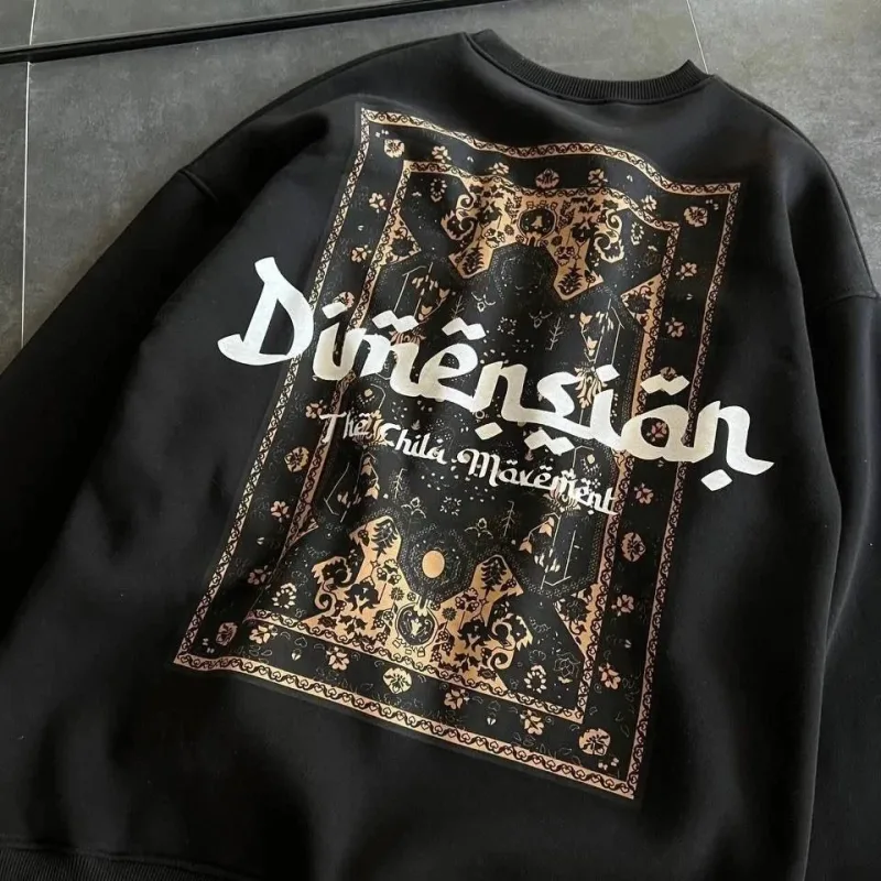 Sweatshirtê Jinan ê Reş ê Oversize yê 3 Têlî Pembû yê Bi Stûyê Bisîkletê û Çapkirî