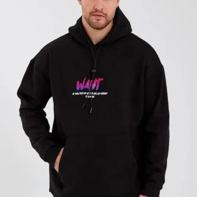Pánské černé oversized tričko s potiskem, kapsy, kapuce, 3-nitná bavlna 2