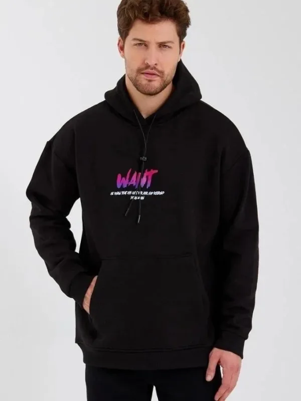 Pánské černé oversized tričko s potiskem, kapsy, kapuce, 3-nitná bavlna 2