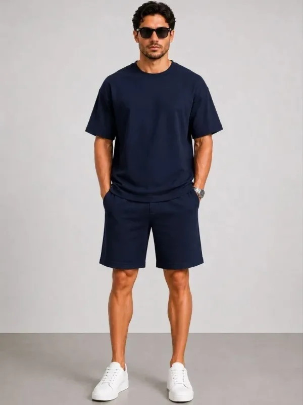 Ανδρικό Σκούρο Μπλε Oversize Μοντάλ Μαλακό Υφαντό Σετ με Τσέπες 4