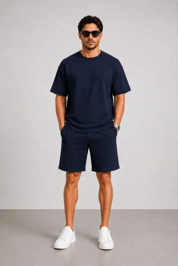 Ανδρικό Σκούρο Μπλε Oversize Μοντάλ Μαλακό Υφαντό Σετ με Τσέπες 4