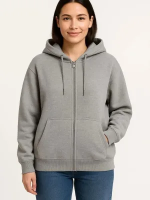 Women's Gray 3-Thread Cotton Full Zip Hooded Sweatshirt
