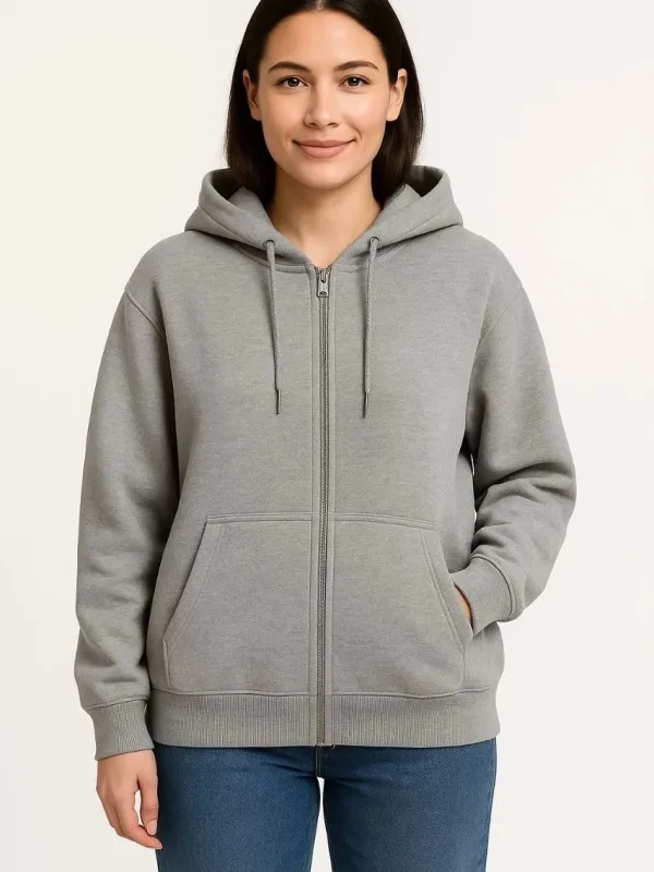 Women's Gray 3-Thread Cotton Full Zip Hooded Sweatshirt 1