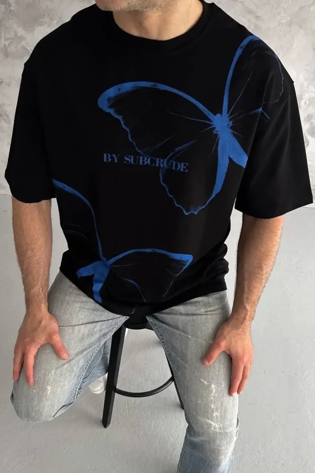 Bărbat Negru Oversize Guler Bicicletă Imprimat Tricou 1