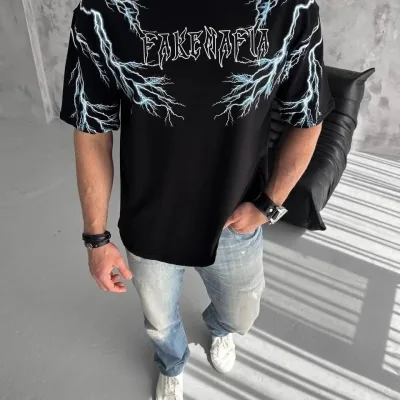 Muška crna oversize bicikli kragna munja štampana majica 2