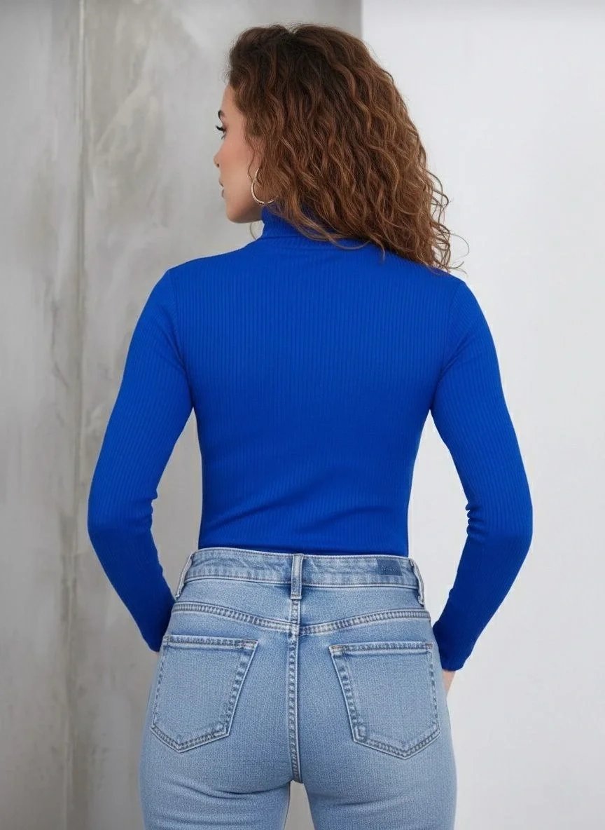 Dámské saks modré s vysokým výstřihem žebrované lycrové dlouhé rukávy body 4