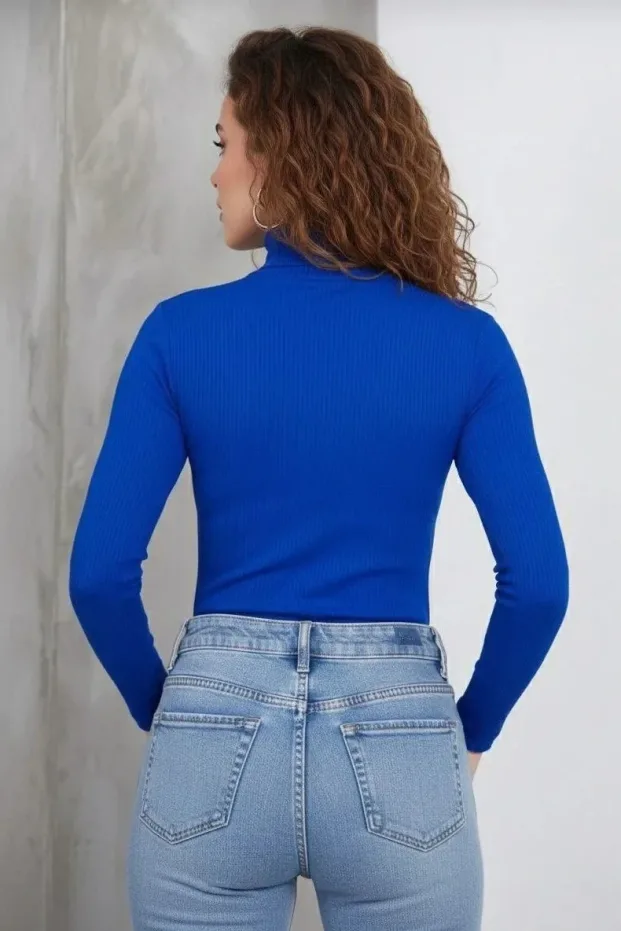 Femeie Bleumarin Gât Întreg, Cu Nervuri, Lycra, Mâneci Lungi, Cămașă Body 4