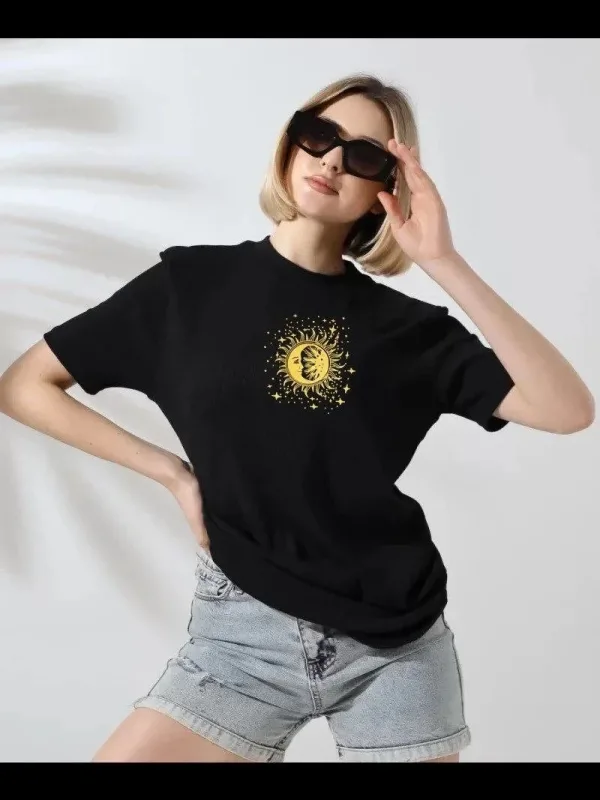 Damski czarny oversize rowerowy kołnierz z nadrukiem krótki rękaw T-shirt 1
