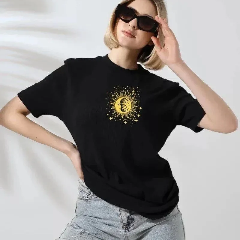 Damski czarny oversize rowerowy kołnierz z nadrukiem krótki rękaw T-shirt