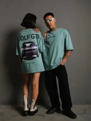 Női Mentazöld Oversize Retro Golfkocsi Nyomott Póló