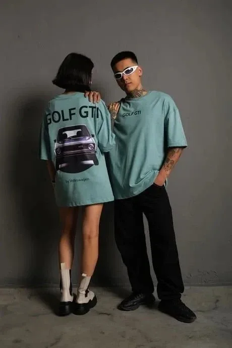 Femeia Tricou Verde Mentă Oversize cu Imprimeu Mașină Retro Golf