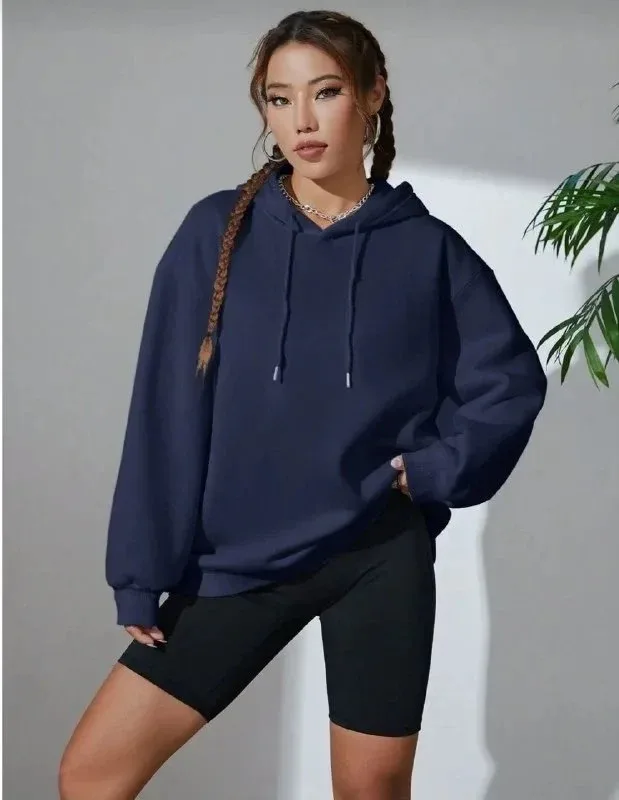 Damski Granatowy Oversize 3-nitkowy Bawełniany Kaptur Kieszeń Kangur Sweatshirt 1