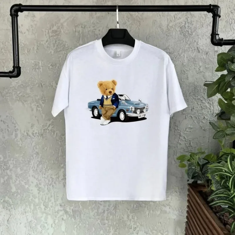 T-Shirta Zarokan a Spî ya Çapkirî ya Oversize ya Stûyê Dor