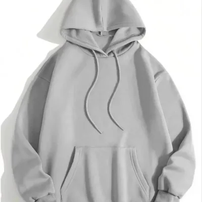 Women's Gray Hooded Kangaroo Pocket 3-Thread Cotton Plain Sweatshirt 1