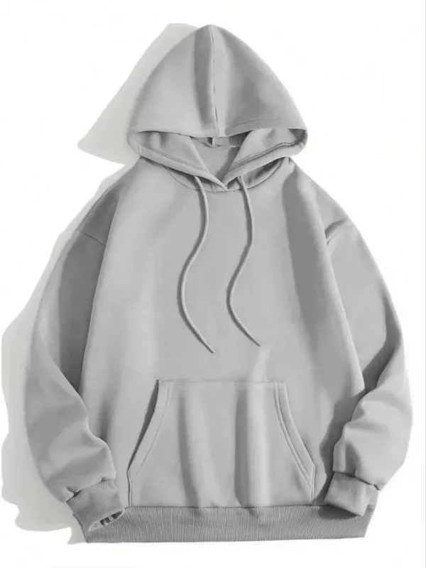Women's Gray Hooded Kangaroo Pocket 3-Thread Cotton Plain Sweatshirt 1