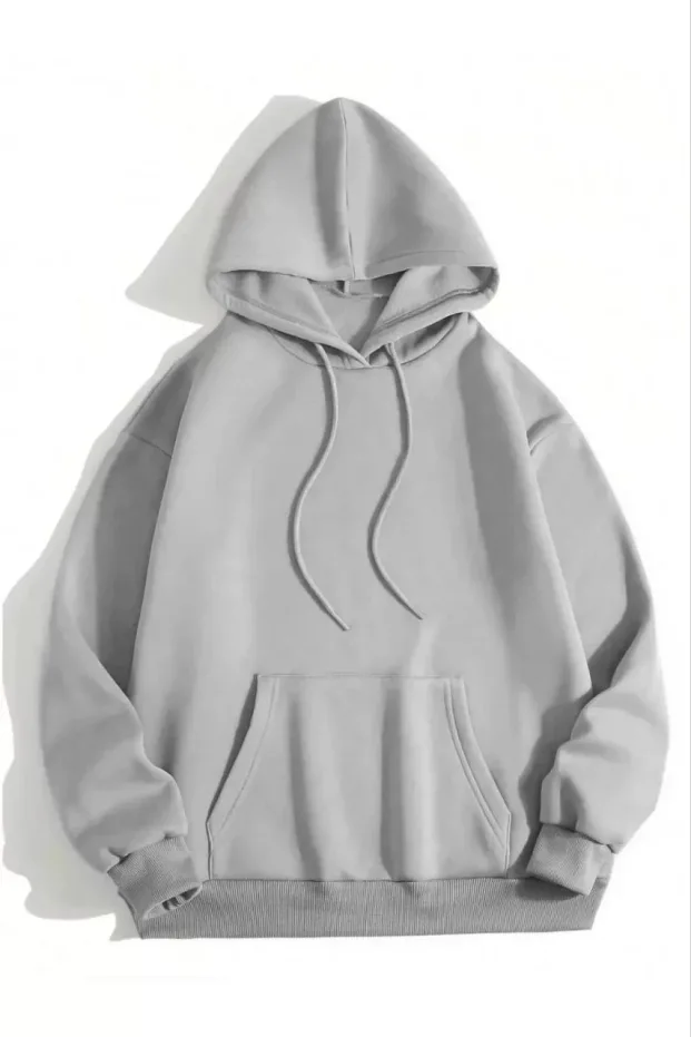 Gratë gri me kapuç xhepi kanguri 3 fije pambuku të sheshtë Sweatshirt 1