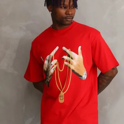 Férfi piros oversized kerékpárnyakú nyomott póló 3
