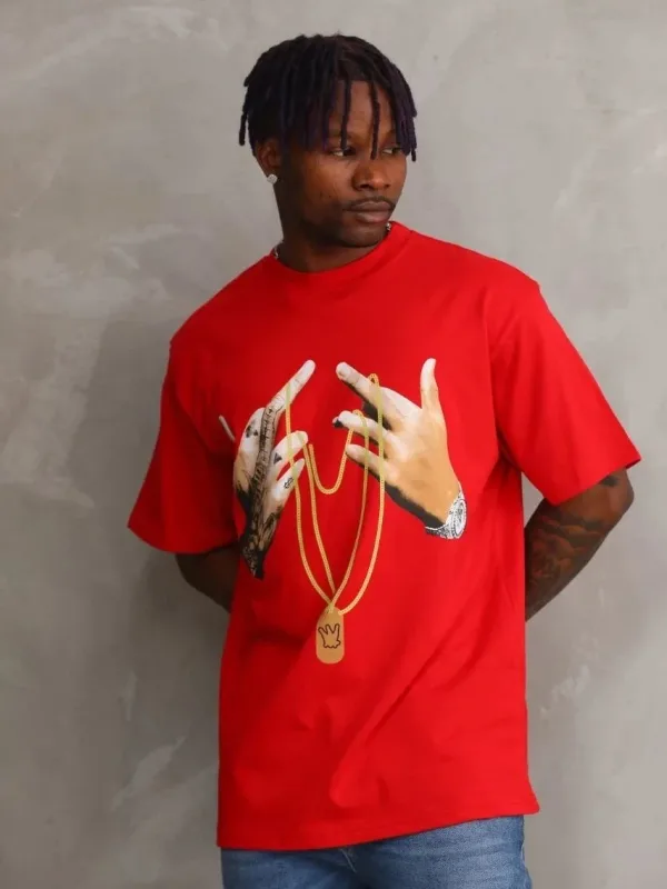Férfi piros oversized kerékpárnyakú nyomott póló 3