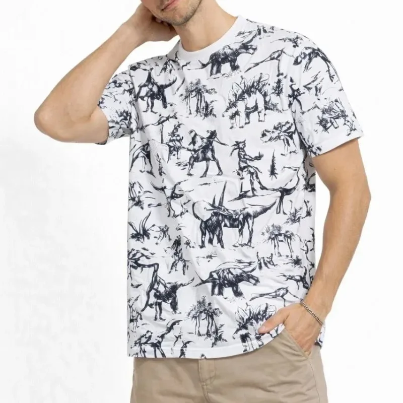 Men's White Oversize Dinosaur Digital Printed Crew Neck T-Shirt