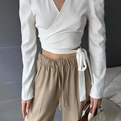 Notch Lapel Belted Crop Blouse White 3