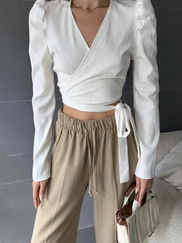 Notch Lapel Belted Crop Blouse White 3