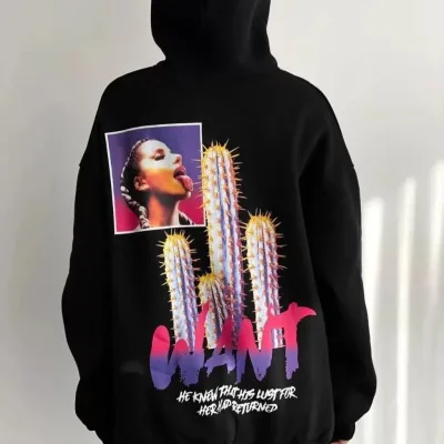 Dámsky čierny oversize kapucňový s vreckom potlačený bavlnený sweatshirt 2