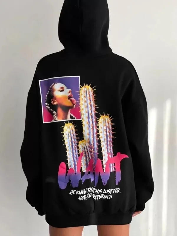 Dámsky čierny oversize kapucňový s vreckom potlačený bavlnený sweatshirt 2