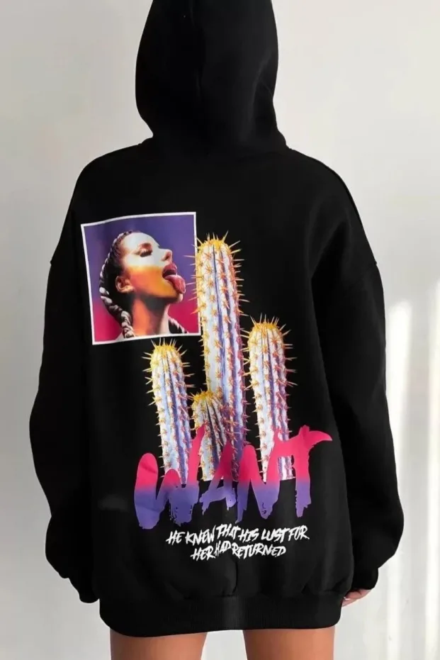 Ženska crna oversize kapuljača s džepovima, tiskani pamučni sweatshirt 2