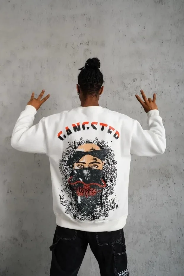 Mêr Spî 3 Têl Pembo Bisîklet Yaka Çapkirî Sweatshirt 2