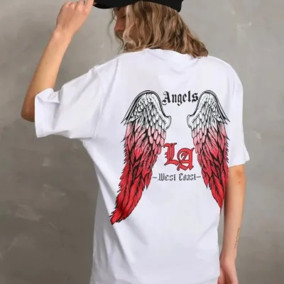 Γυναικείο Λευκό Oversize Στρογγυλό Λαιμό Τυπωμένο T-Shirt 2