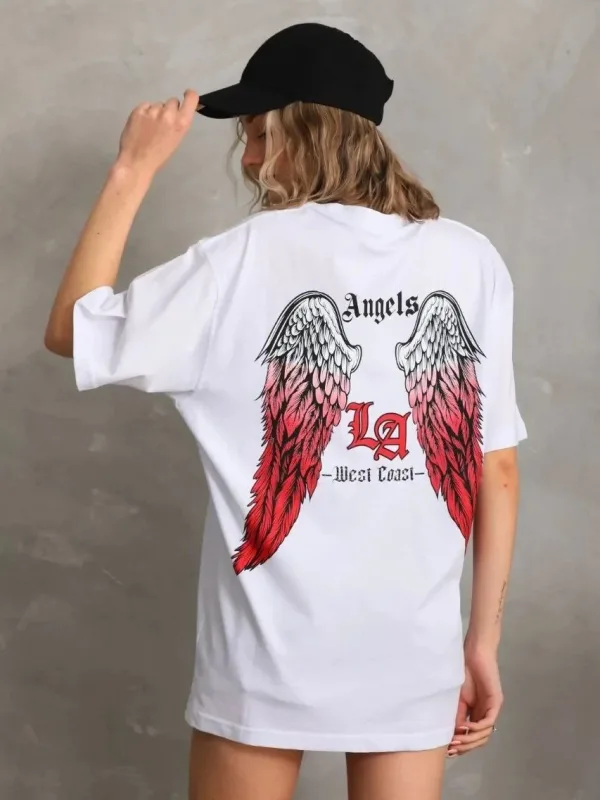 Γυναικείο Λευκό Oversize Στρογγυλό Λαιμό Τυπωμένο T-Shirt 2