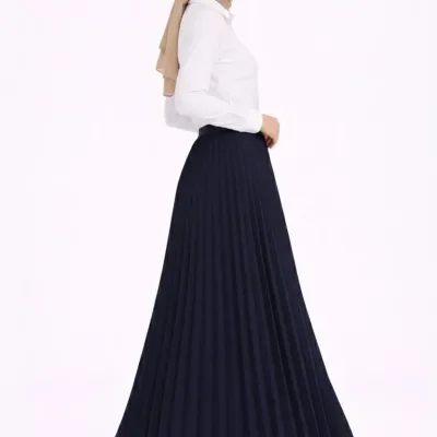 Women's Navy Blue Modest Pleated Skirt White Blouse Two-Piece Set 1