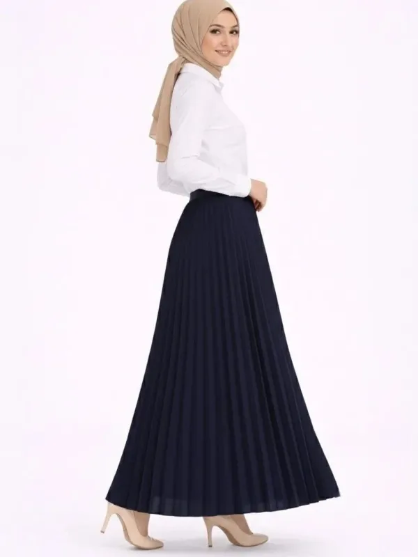 Women's Navy Blue Modest Pleated Skirt White Blouse Two-Piece Set 1