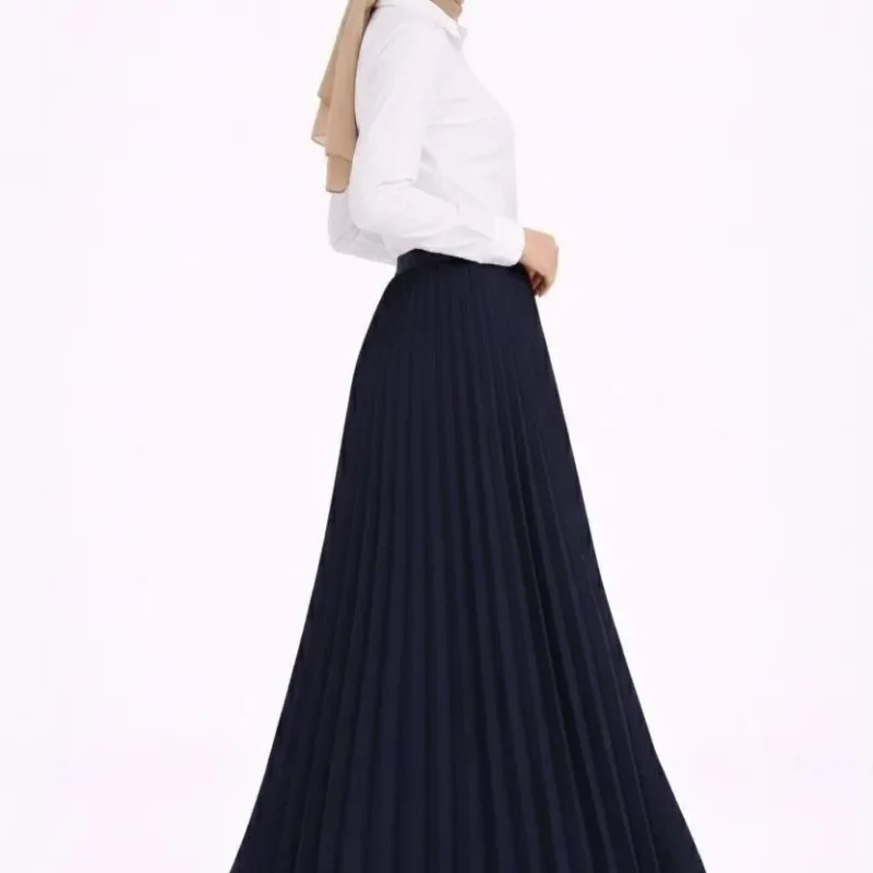Women's Navy Blue Modest Pleated Skirt White Blouse Two-Piece Set