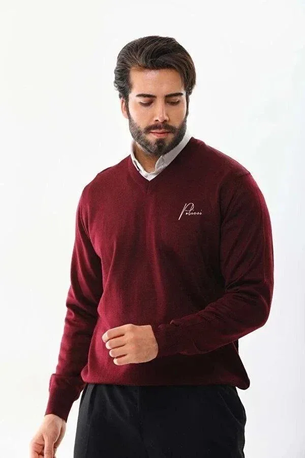 Men's Burgundy V-Neck Printed Woven Knit Sweater 1
