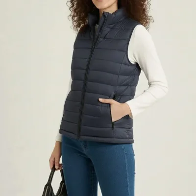 Vest for Women, Navy Blue, Water-Repellent, Quilted, with Pockets, Puffy 3