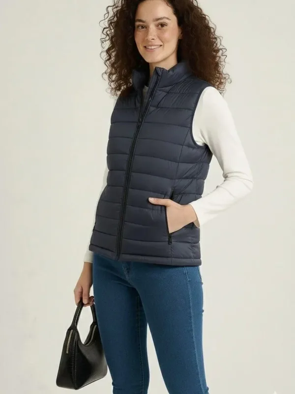 Vest for Women, Navy Blue, Water-Repellent, Quilted, with Pockets, Puffy 3