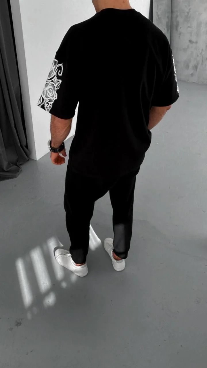 Ανδρικό Μαύρο Oversize Ποδηλατόλαιμο Τυπωμένο Καλοκαιρινό T-shirt 2