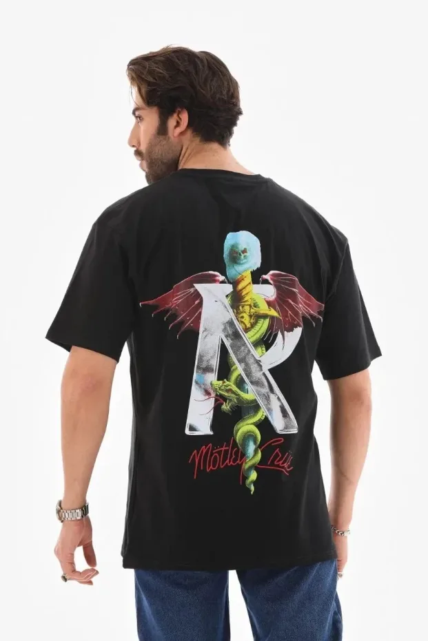 Men's Black Regular Bicycle Neck Printed T-Shirt 4