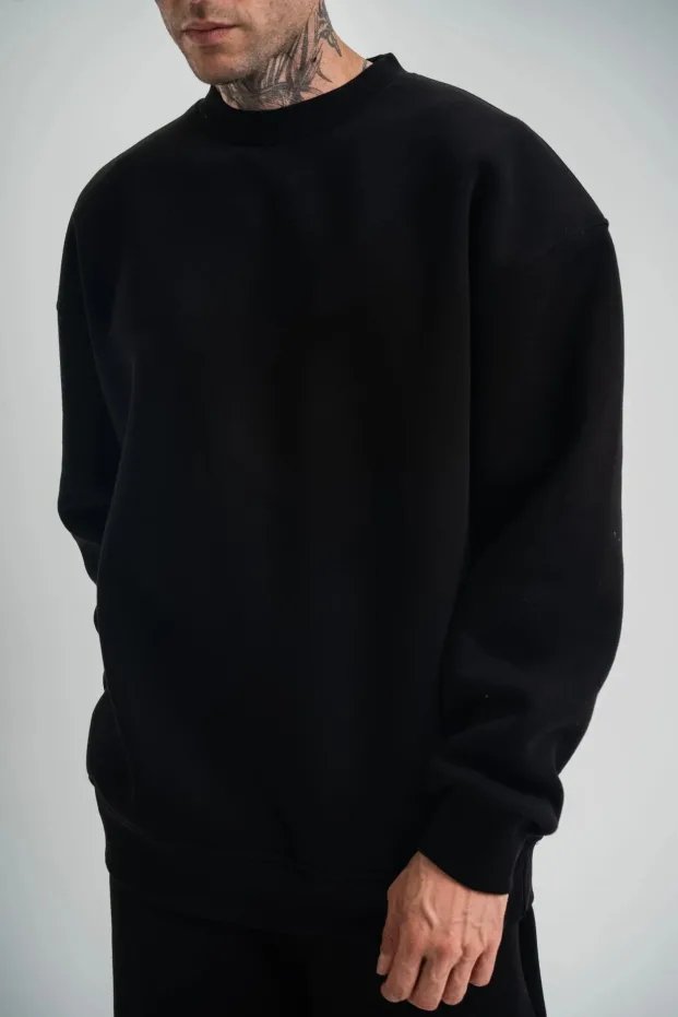 Машки црн 3-нишки памучен долг ракав велосипед јака Sweatshirt 1