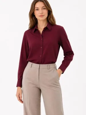 Women's Burgundy Regular Classic Collar Button Down Long Sleeve Shirt