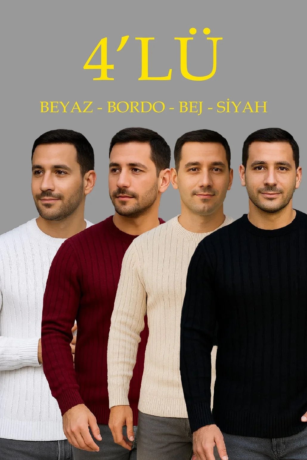 Erkek Beyaz Bebek Mavisi Gri Siyah 4'lü Set Fitilli Bisiklet Yaka Kalın Kazak