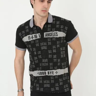 Pánské černé slim fit potištěné polo tričko, krátký rukáv 5