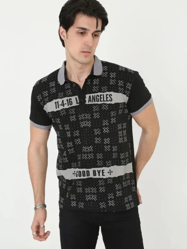 Pánské černé slim fit potištěné polo tričko, krátký rukáv 5