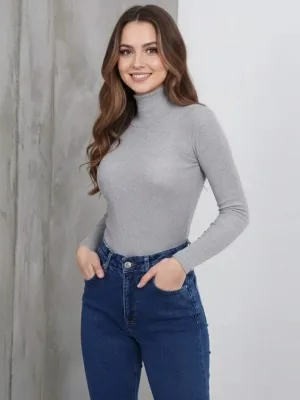 Damskie szare cienkie body z długim rękawem, golf, prążkowane, z lycry