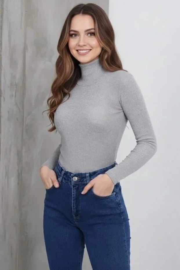 Grupë Femrash Gri me Jakë të Plotë me Brinjë Likra Mëngë të Holla të Gjata 1