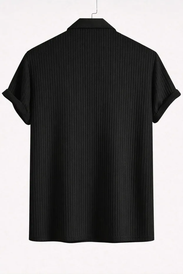 Nero Maschio Oversize Costina Cotone Polo Collo T-Shirt 3