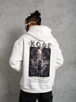 Erkek Beyaz Oversize 3 İplik Pamuklu Kapüşonlu Baskılı Sweatshirt