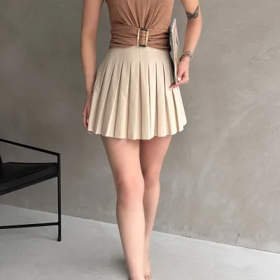 Shoulder Padded Belted Crepe Blouse Beige 2